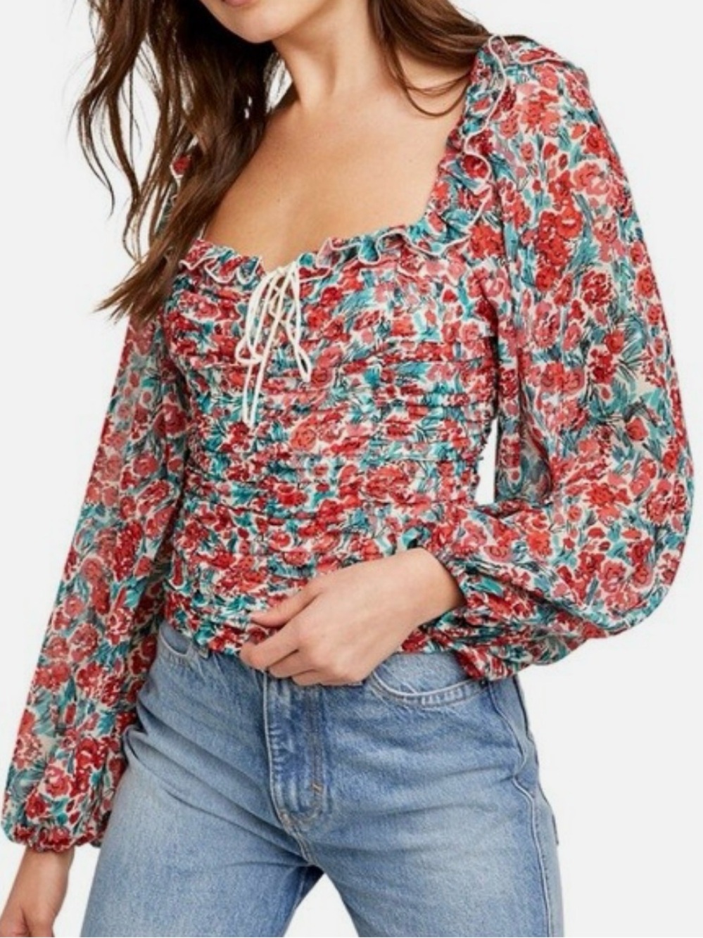Free People Mabel Smocked Peasant Blouse Floral Rose Large